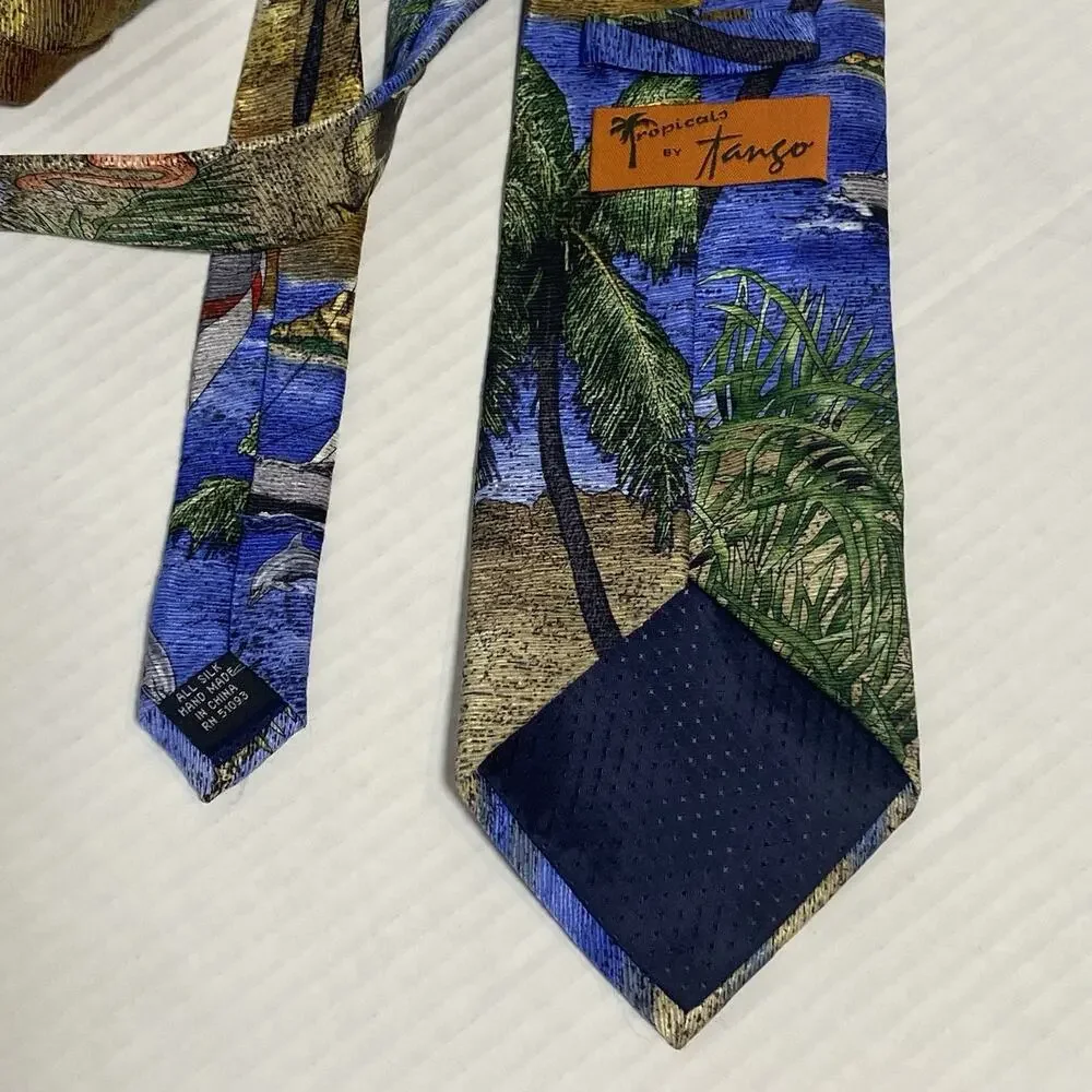 Tropicals by Tango Mens Silk Tie Flamingo Dolphins Sailboat Beach Resort Novelty